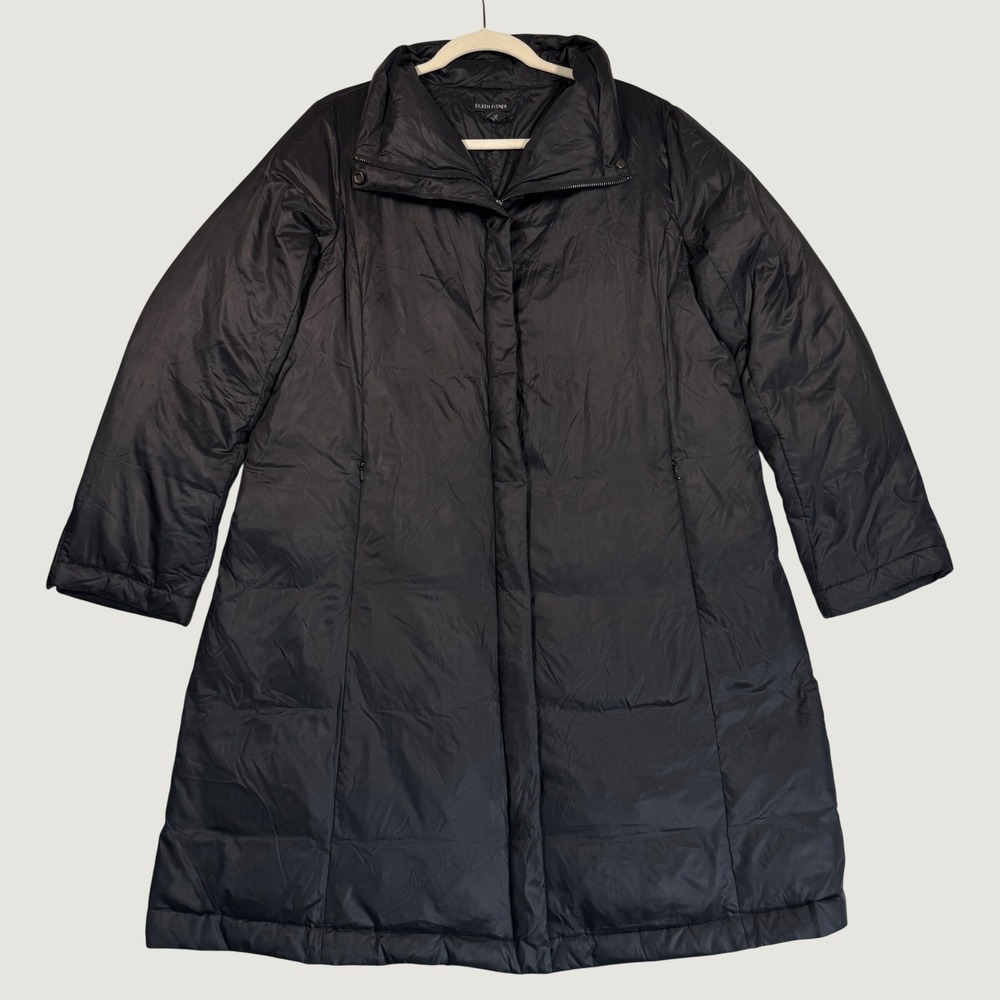 Eileen Fisher Black Down Feather Long Puffer Coat Jacket Women M Recycled Nylon
